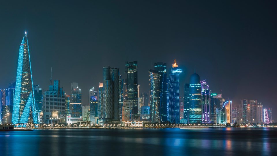 Doha's skyline lit up at night
