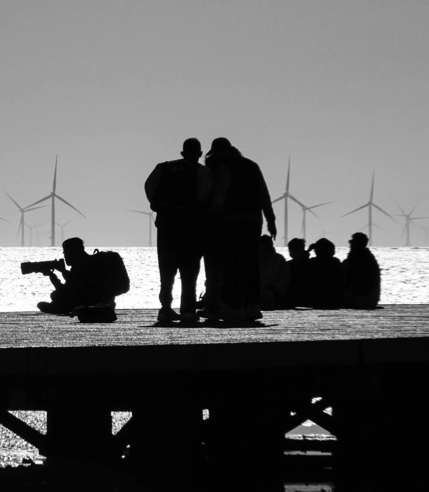 People in silhouette looking out to sea